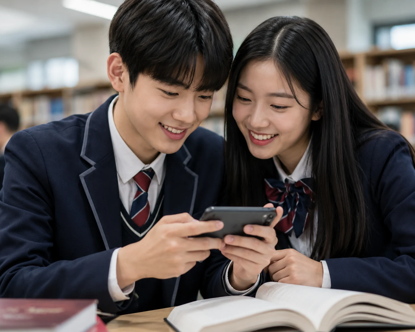 학생들이 스마트폰으로 AI 콘텐츠를 함께 이용하는 모습