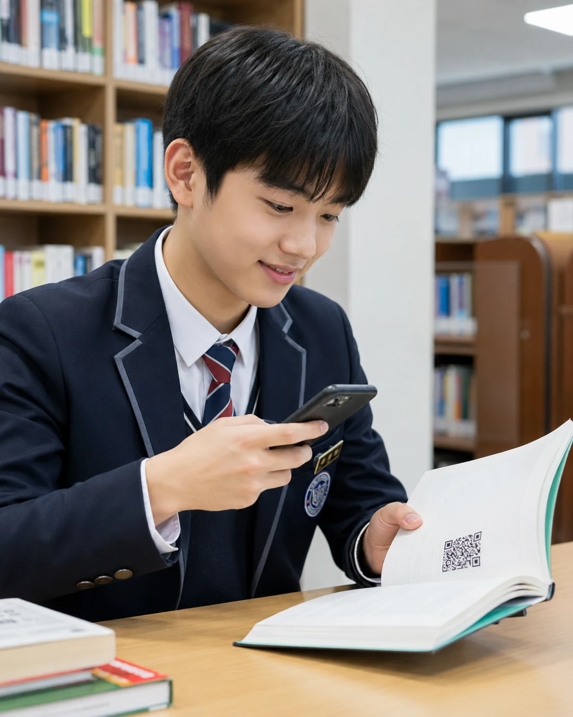 학생이 책의 QR코드를 스마트폰으로 이용하는 모습